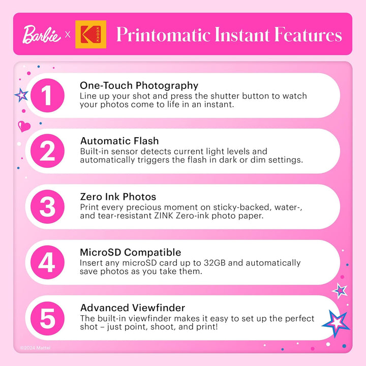 Barbie x Kodak Printomatic Digitale Kamera – 5MP Tragbare Barbie Kamera Drucken Bunte 2x3” Selbstkle