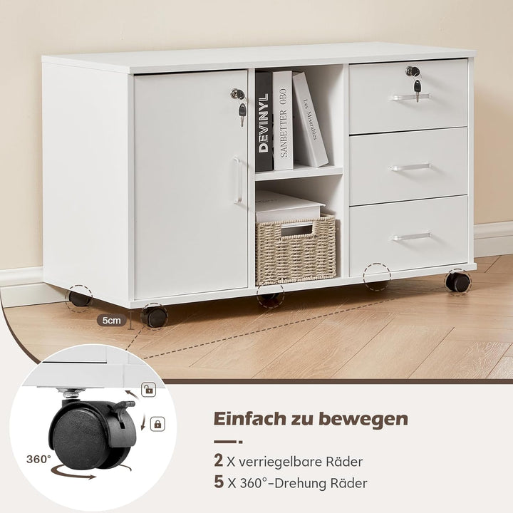 TUKAILAI Rollcontainer Abschliessbar mit 3 Schubladen, Lagerung Fach und Offene Regale, Aktenschrank