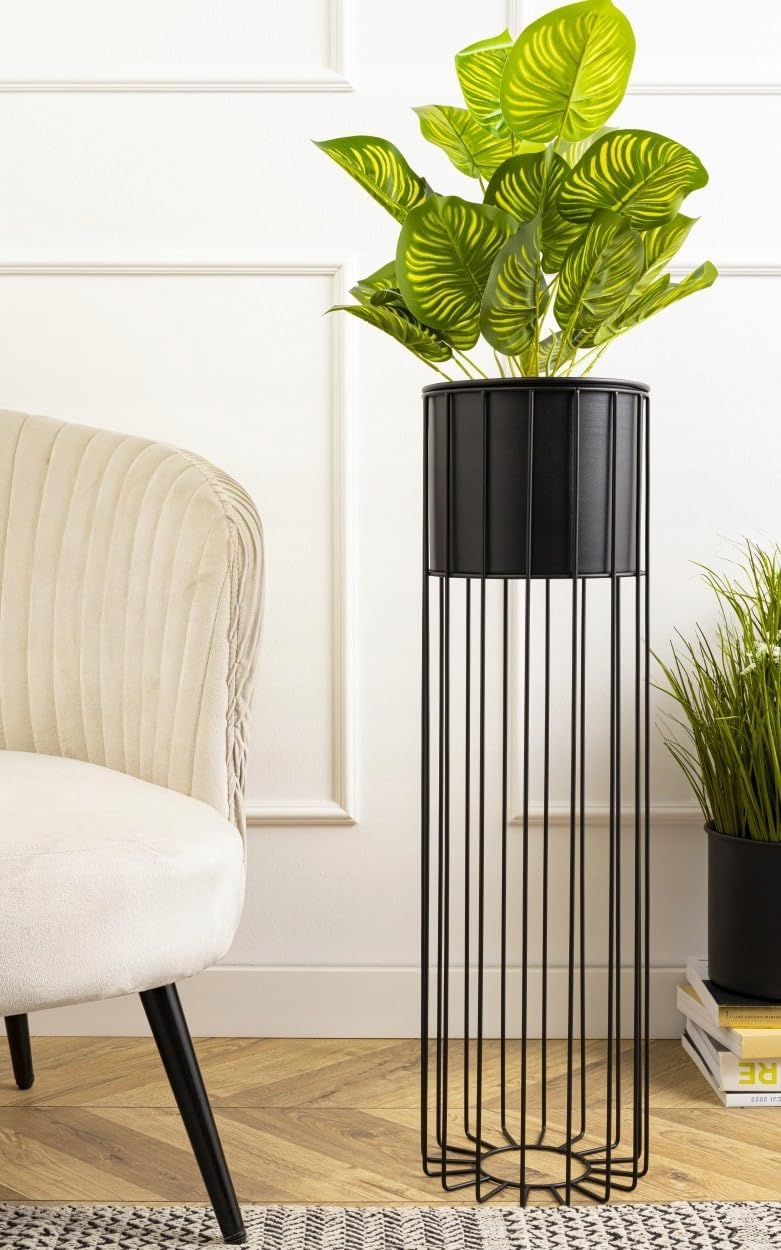 HowHomely Moderne Blumenständer Metall 70 cm Hoch mit Schwarz Blumentopf Rund 19 cm Ø auf Robuste St