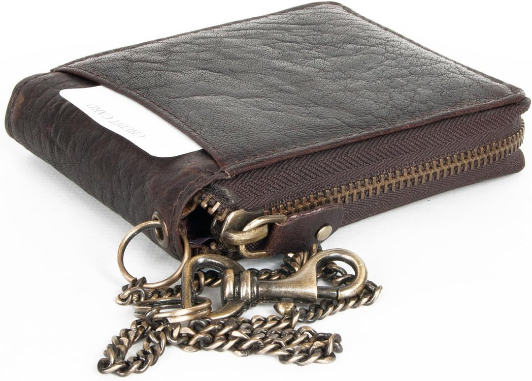 FLW Herren Biker Reissverschluss-um Naturleder Geldbörse mit einem Skorpion mit einer Kette