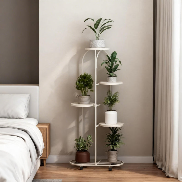GarveeHome 5-Etagen Rollbarer Pflanzenständer, Höhenverstellbarer Blumenständer mit Rädern, Stabiler