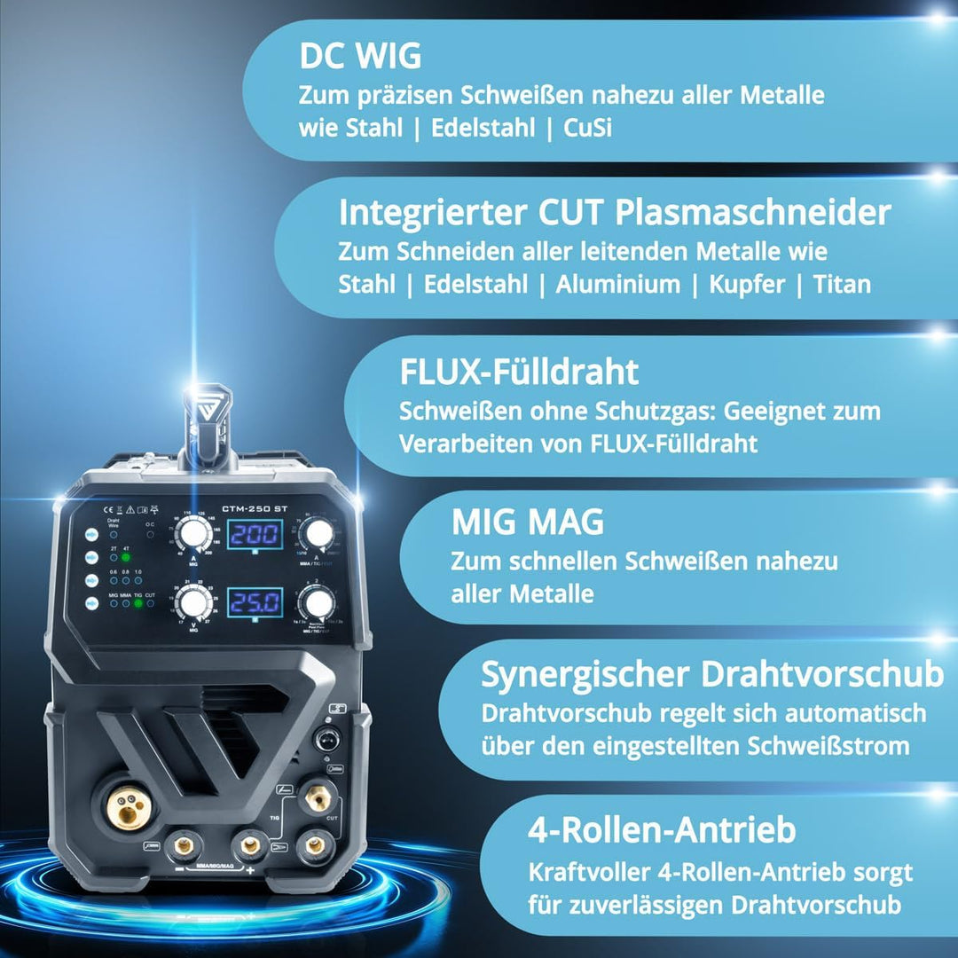 STAHLWERK CTM-250 ST Kombi-Schweissgerät WIG + MIG/MAG + MMA/E-Hand + CUT/Plasma mit 200 Ampere und