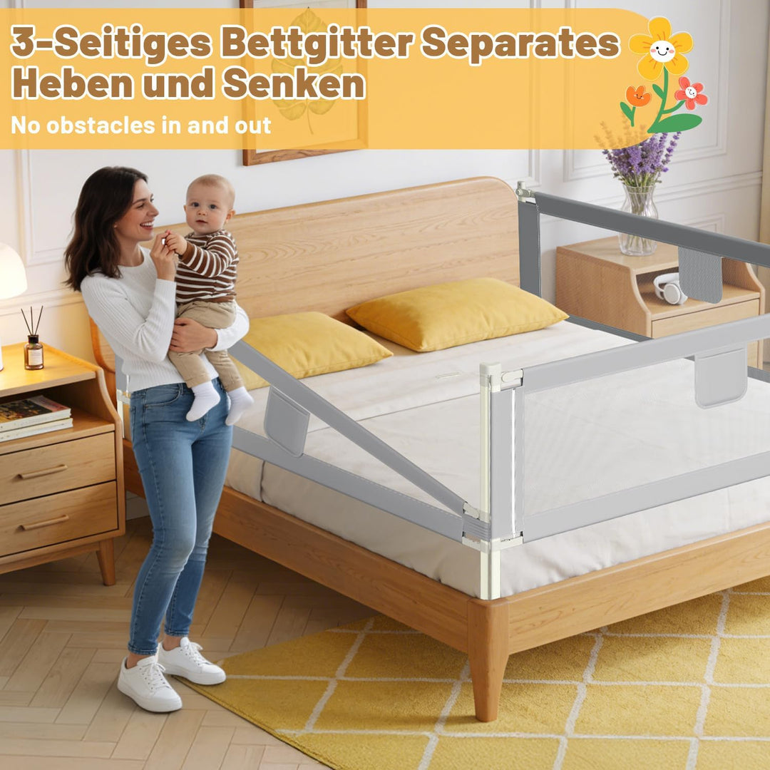 3er Bettgitter 2X200+1X180cm Bettschutzgitter Kinderbettgitter für Kinder,Rausfallschutz Boxspringbe
