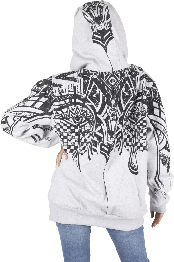 GURU SHOP Goa Festival Hoody mit Tribal Print, Kapuzenpulli, Sweatshirt, Damen, Baumwolle 36 Grau, 3