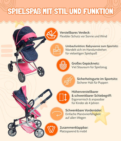Bayer Chic 2000 - Puppenwagen Mika, 2in1 Kombipuppenwagen für Kinder von 4 bis 8 Jahren, Kinderwagen