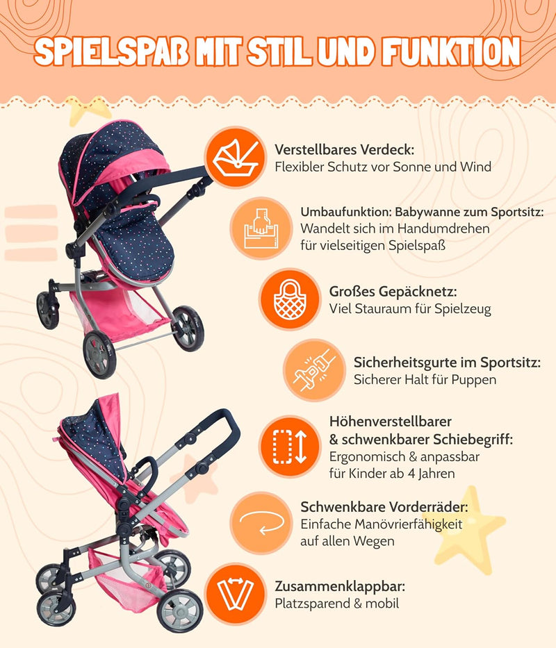 Bayer Chic 2000 - Puppenwagen Mika, 2in1 Kombipuppenwagen für Kinder von 4 bis 8 Jahren, Kinderwagen