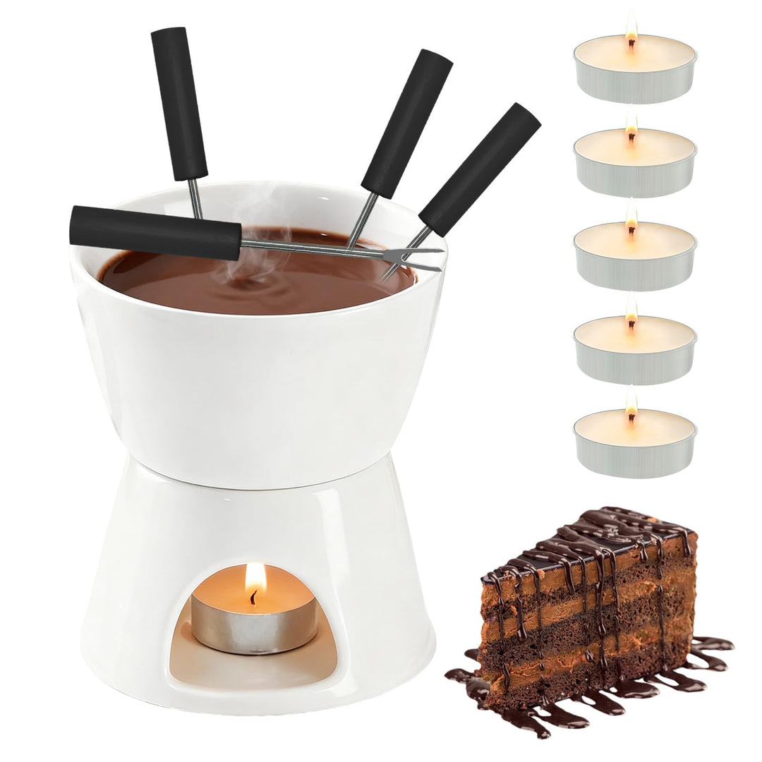 Schokofondue Tasse, 300ml Schokoladen Fondue Becher Set, Keramik Schokoladenfondue Tassen mit 4 Gabe