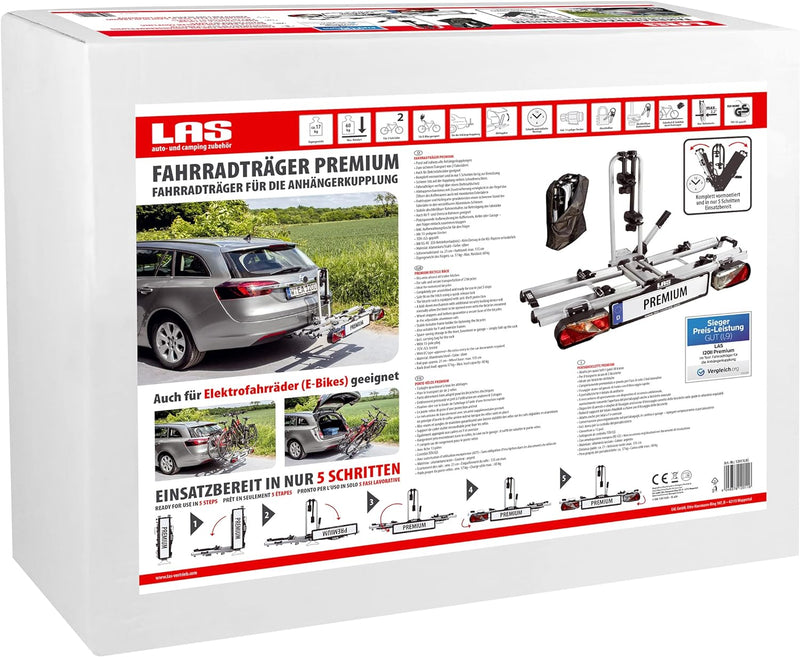 LAS 12011LAS Fahrradträger PREMIUM, E-Bike geeignet, komplett vormontiert, Diebstahlschutz, für 2 Fa