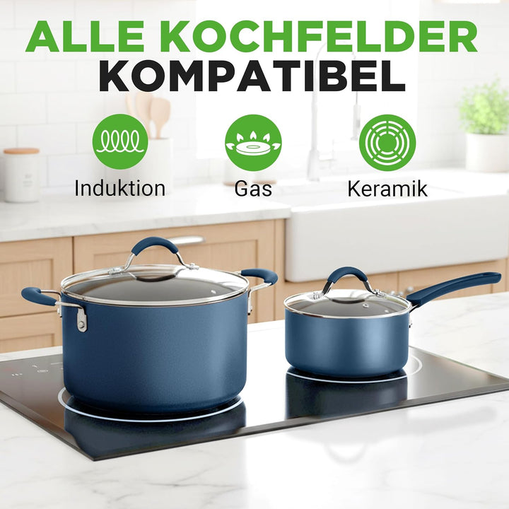 NutriChef Topf- und Pfannenset Induktion 20-teilig Marineblau – Antihaft-Kochgeschirr mit Deckeln un