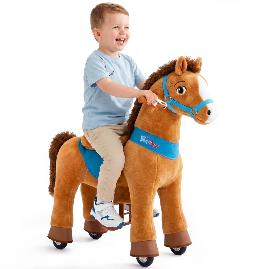PonyCycle Pferd zum reiten, für Kinder 3–4 Jahre, 76cm Hoch, Reitpferd auf Rollen mit Handbremse, Sc