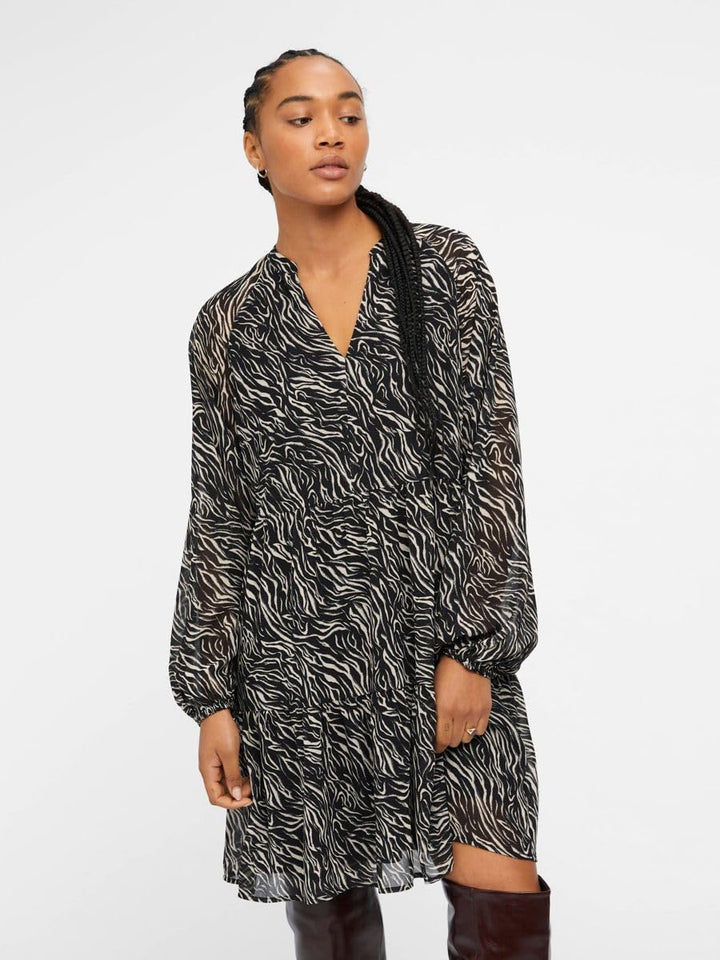 Object Mila Gia Long Sleeve Smock Dress 34 Black/Aop:sandshell Zebra, 34 Black/Aop:sandshell Zebra