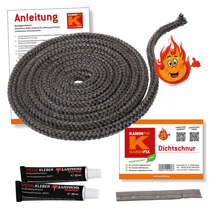 Ofendichtschnur 2,5m inkl. Kleber, Kaminreparaturset in der Grösse 14mm, hochwertige Ofentürdichtsch