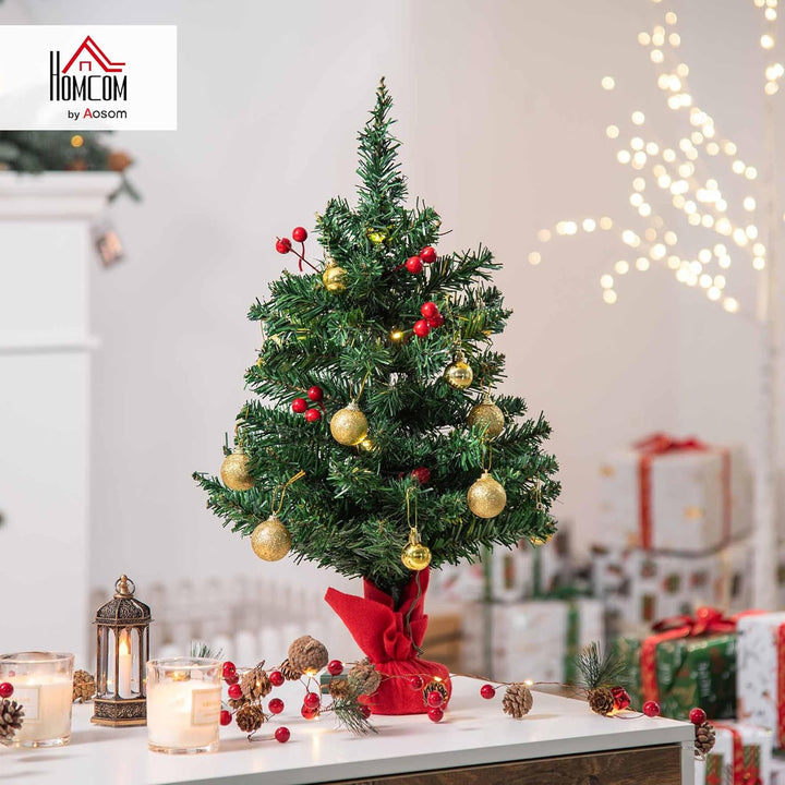 HOMCOM Weihnachtsbaum Klein, Mini Christbaum mit Stechpalmenbeeren, 15 LED-Lichtern und Kugeln, Küns