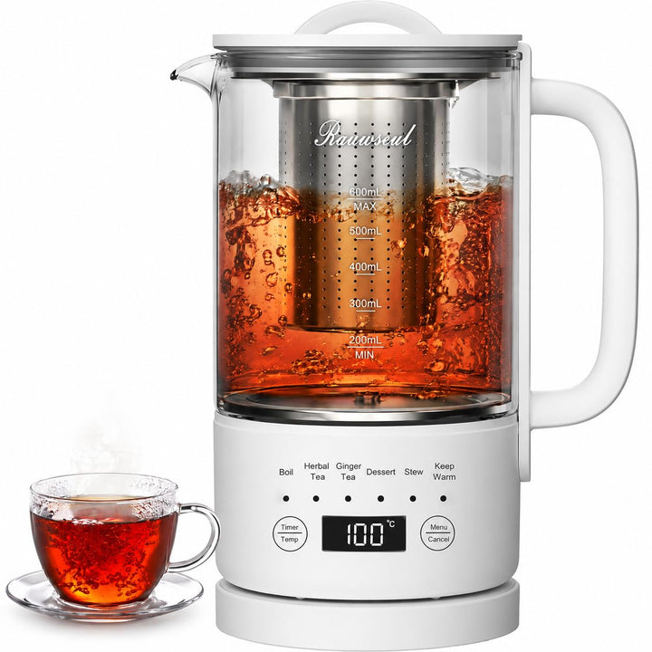 Glas Elektrisch Wasserkocher 0,6L 500W, 40-75°C Einstellbare Temperatur, 24-Stunden-Timer, Touch-Bed