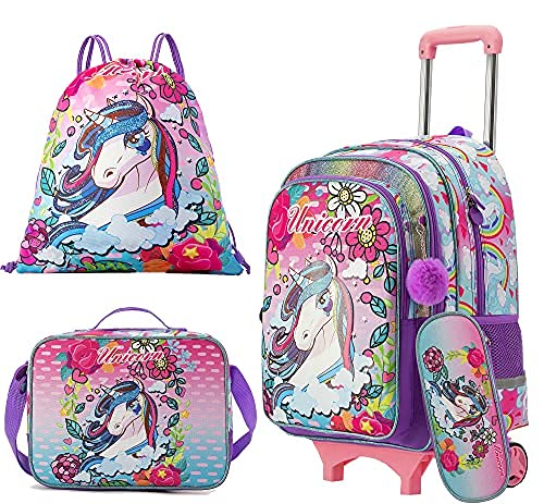 HTgroce Unicorn Schultaschen für Mädchen mitstofftasche mäppchen etc-Kleinkind Kinderrucksack mit Rä