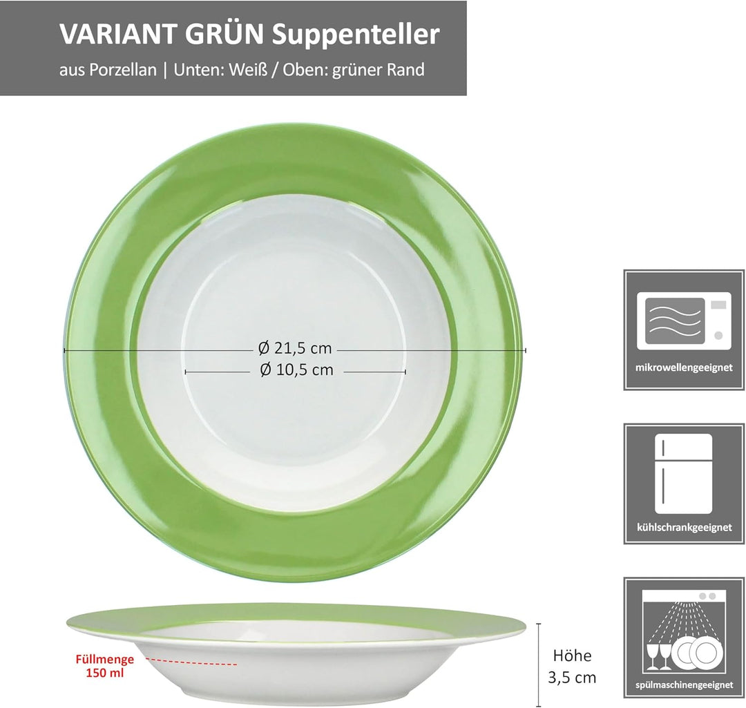 MamboCat 6er Set Variant Grün Suppenteller I farbige Tiefe Porzellan-Teller für 6 Personen I Bunte r