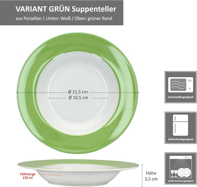 MamboCat 6er Set Variant Grün Suppenteller I farbige Tiefe Porzellan-Teller für 6 Personen I Bunte r