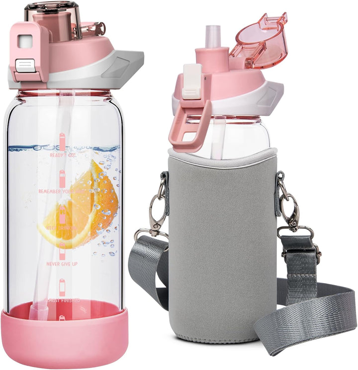 Seekua 0.6l Sport Trinkflasche Glas Flasche mit Strohhalm & Zeitmarkierung für Kinder, Schule 600ml