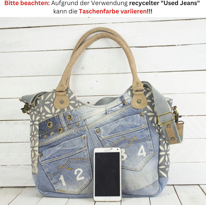 Sunsa Damen Nachhaltige Handtasche aus recycelte Jeans Canvas & Leder. Vintage Still grosse Schulter