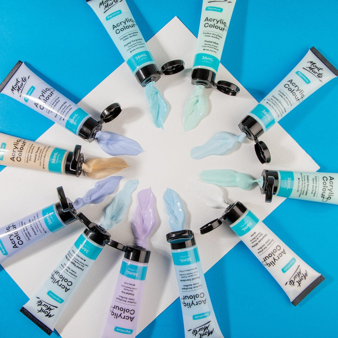 Mont Marte Acrylfarben Set Pastell – 48 x 36ml – Starke Deckkraft und Seidenmattes Finish – Pastellf