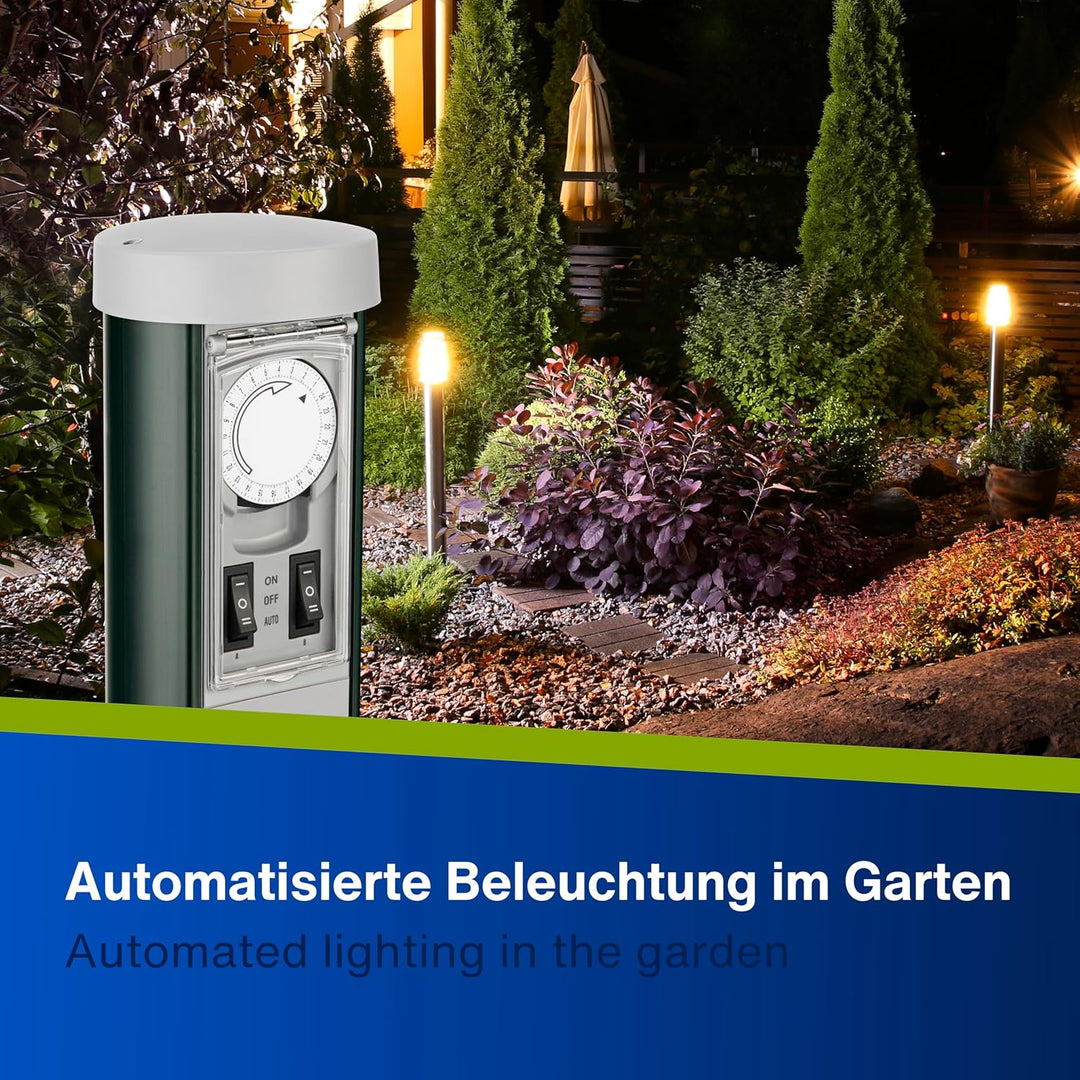 REV 0068206261 GreenCraft, Garten Steckdosen, H52cm, Kabel 10m, Zeitschaltuhr, IP44, grün 2-fach Ste