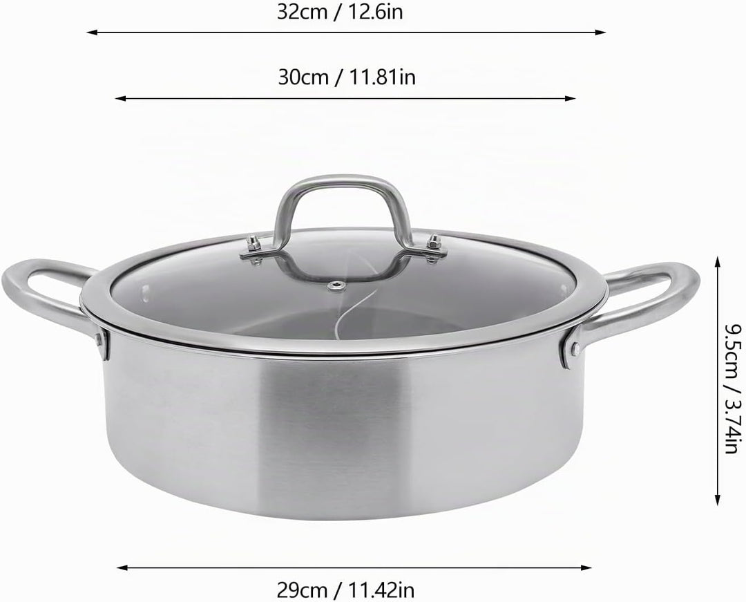 Mermajestic 304 Edelstahl Hot Pot mit Teiler, Topf Hotpot Kocher mit Trennwand und Glasdeckel, Kocht
