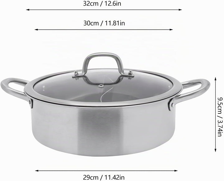 Mermajestic 304 Edelstahl Hot Pot mit Teiler, Topf Hotpot Kocher mit Trennwand und Glasdeckel, Kocht