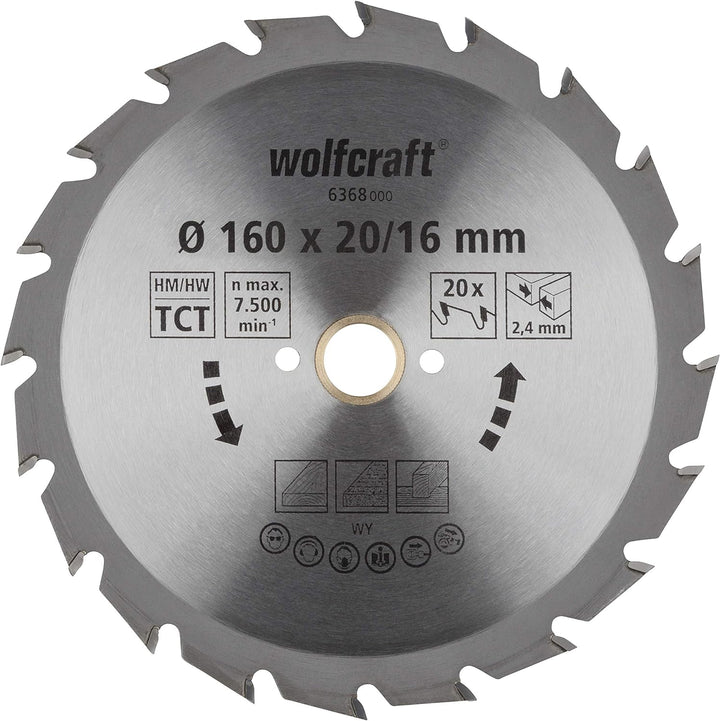 wolfcraft 6368000 | Handkreissägeblatt HM | Serie grün | 20 Zähne | ø160mm 160 X 20, 160 X 20