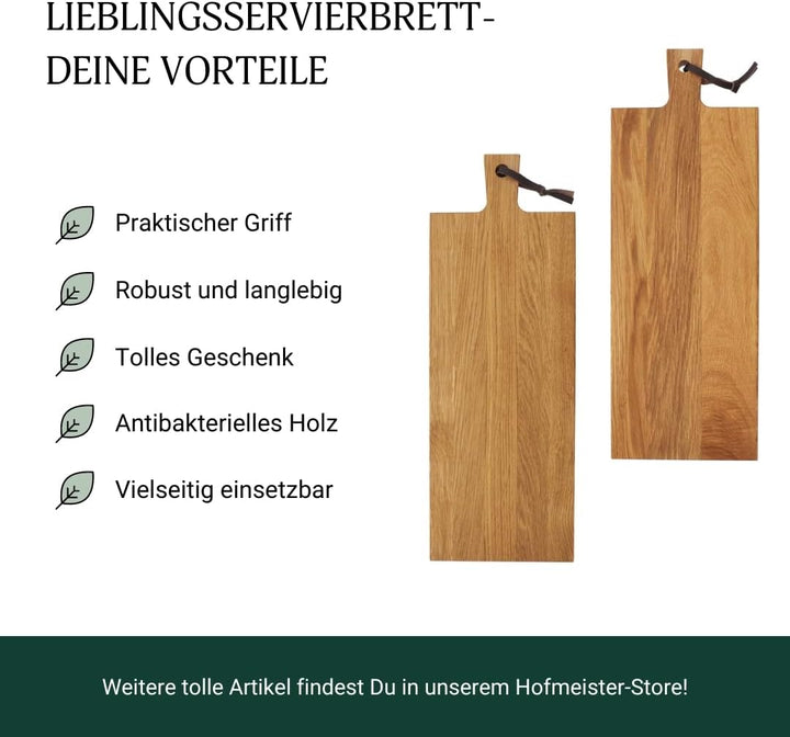 HOFMEISTER® Tapasbrett Eiche – Langes Servierbrett mit Lederband, robust und hochwertig, massives Ho