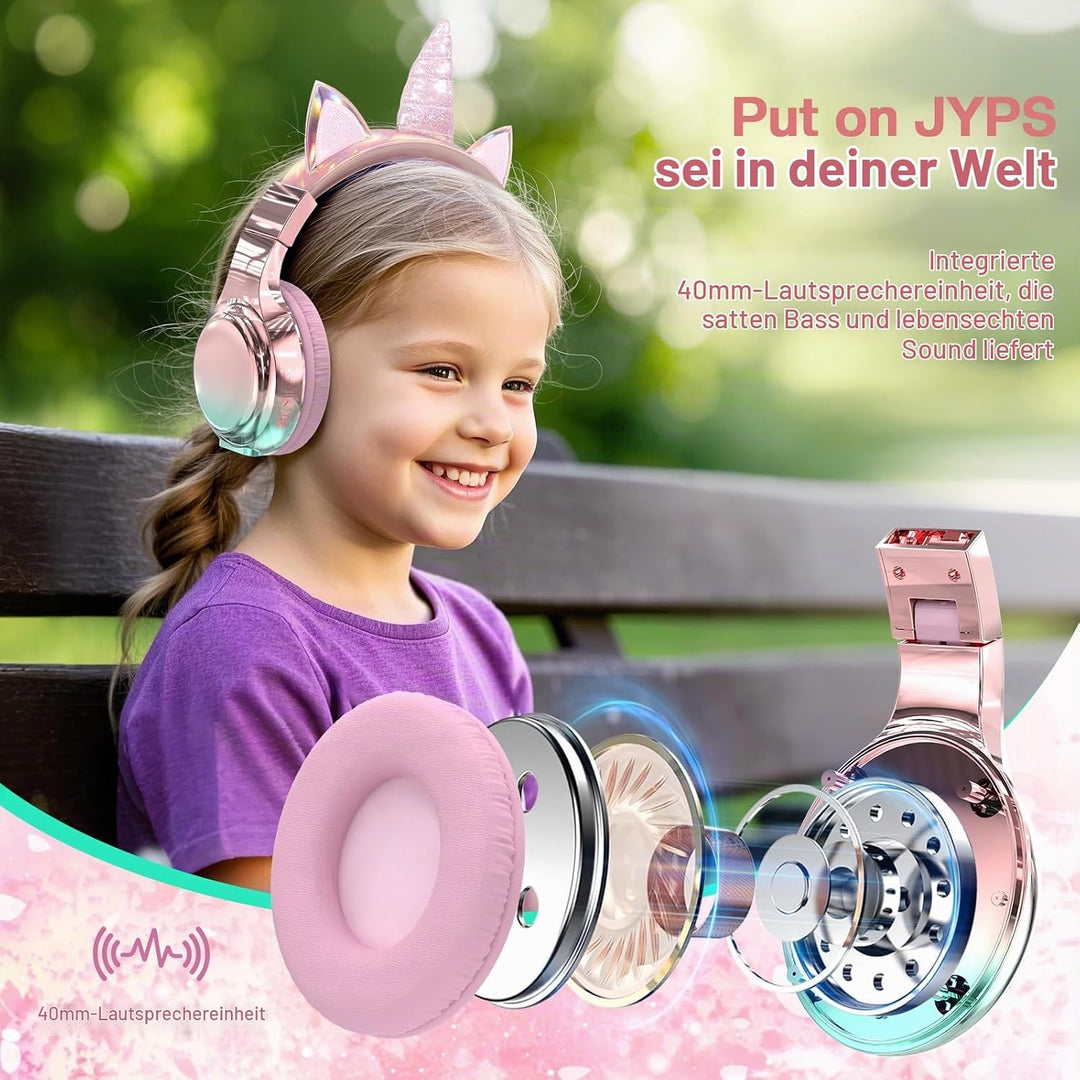 JYPS Bluetooth Kopfhörer Kinder, Metallisch Kabellose Kopfhörer Kinder rosa Einhorn, rosa Einhorn