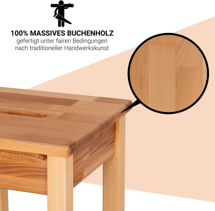 Staboos massiv Holzhocker Doc mit Eingriff bis 150 kg - Buche Sitzhocker aus Holz - Kernbuche Natur