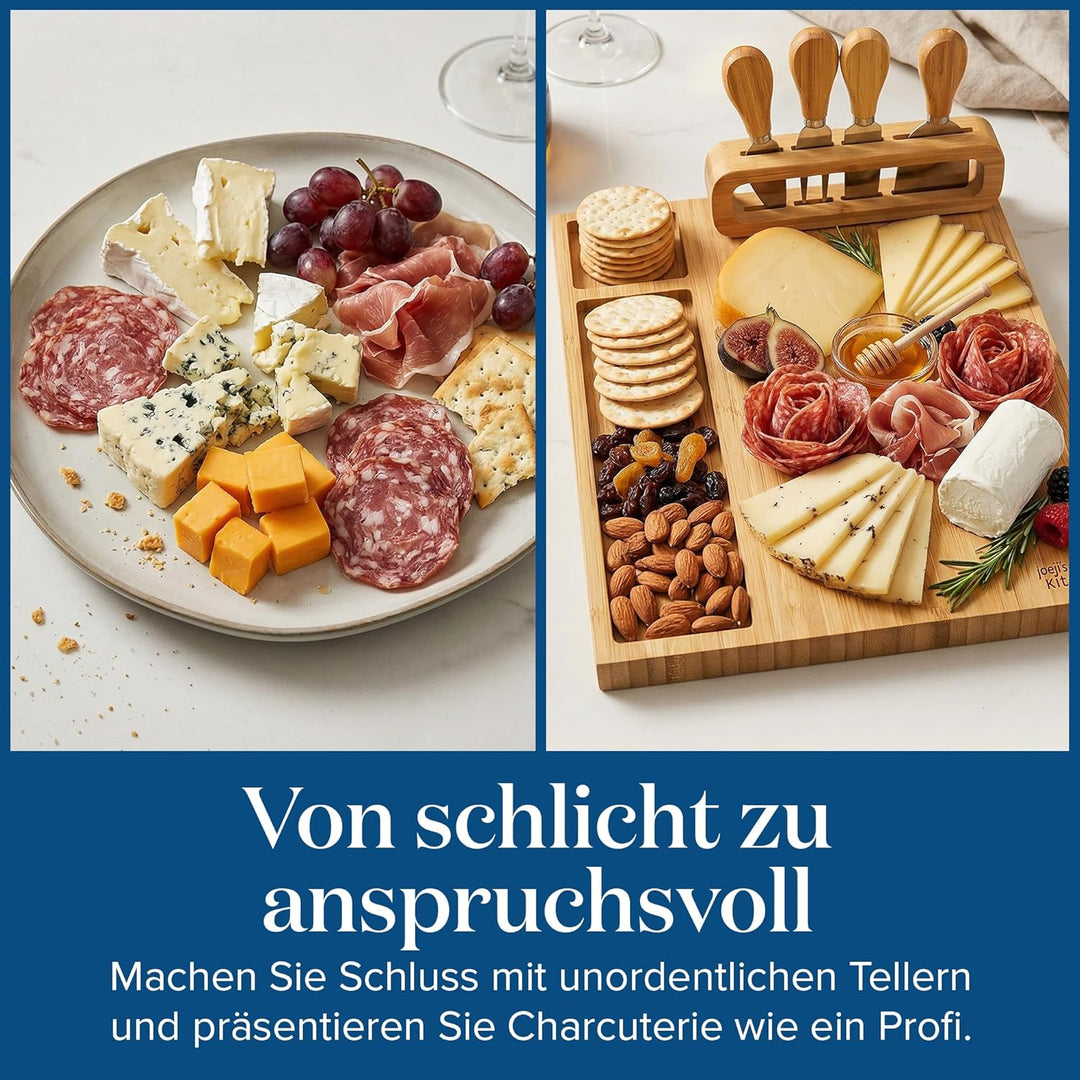 Joejis Käseplatte Bambus - Käsebrett mit Käsemesser Set - Cheese Board - Holz Servierplatte - Ideal