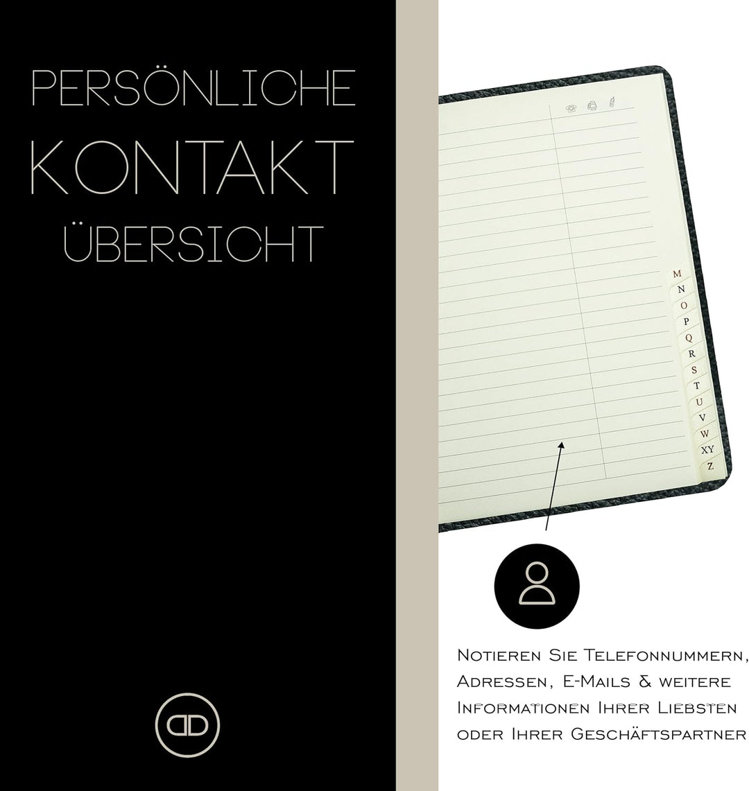 DELMON VARONE - Personalisierbares Adressbuch DIN A6+ gebunden mit A-Z Register Softgrain Leder schw