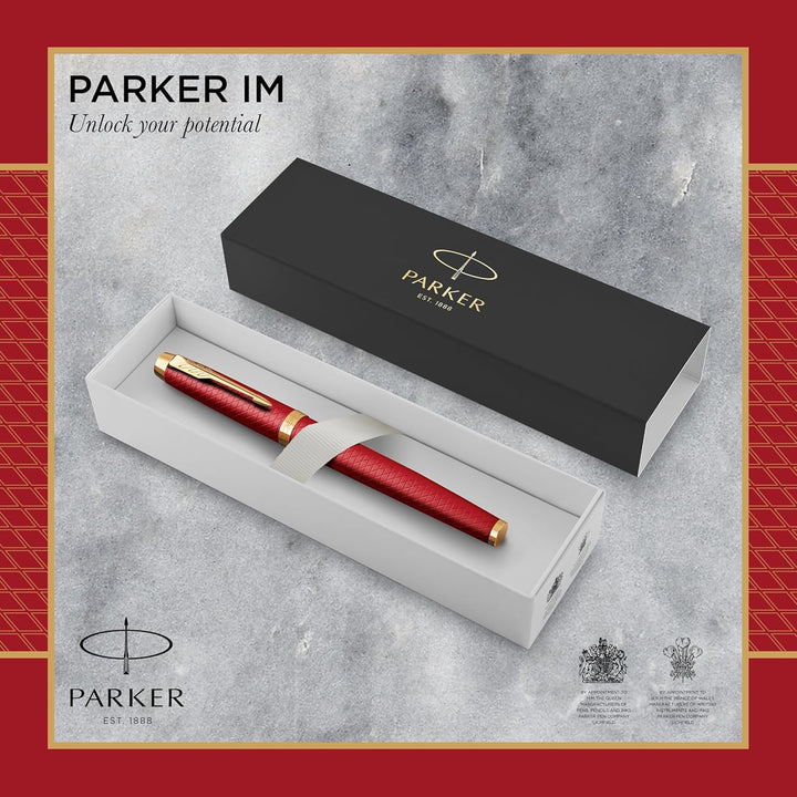 Parker IM Füller | Rote Premium-Lackierung mit goldenen Zierteilen | Füllfederhalter mit feiner Fede