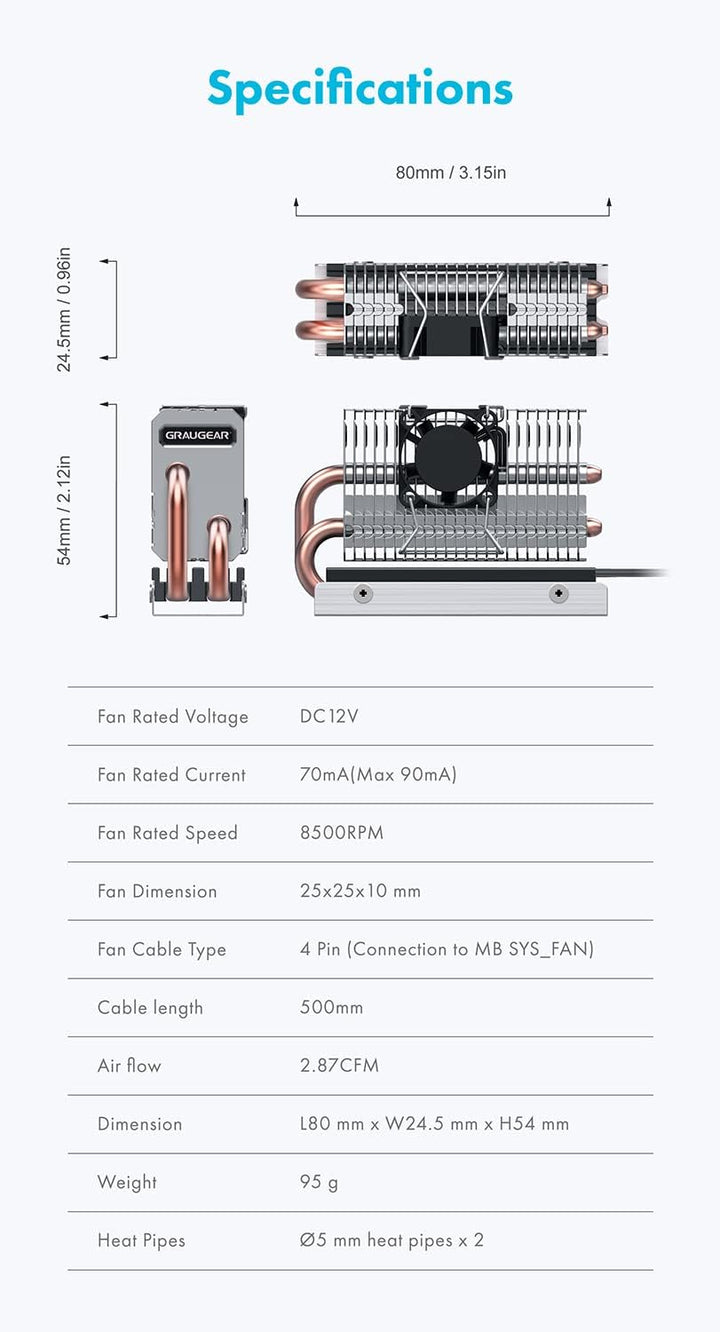GRAUGEAR | M.2 NVMe SSD (2280) Kühler | Heatpipe Kühler mit Lüfter für M.2 SSD | aktive | 25mm PWM-L