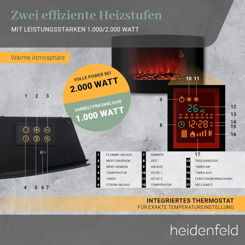 Heidenfeld Elektrokamin HF-WK100 - 𝟯 𝐉𝐀𝐇𝐑𝐄 𝐆𝐀𝐑𝐀𝐍𝐓𝐈𝐄 - 2000 Watt - Fernbedienung - Thermostat - Kipps