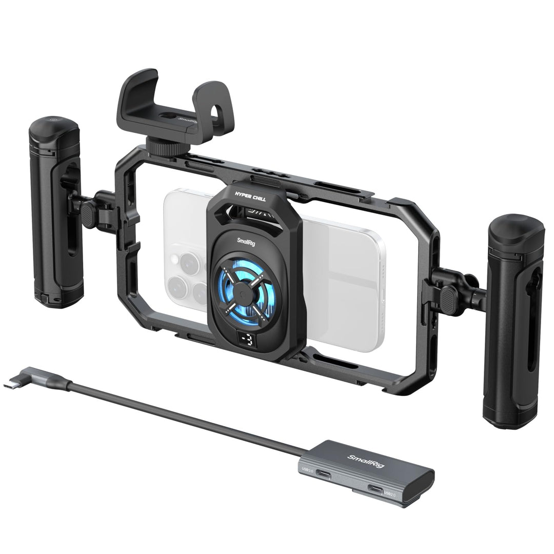 SMALLRIG All-in-One-Kühl-Handyhalterung mit Doppelgriff für iPhone/Android,15W-Aktivkühler, 4-in-1-U