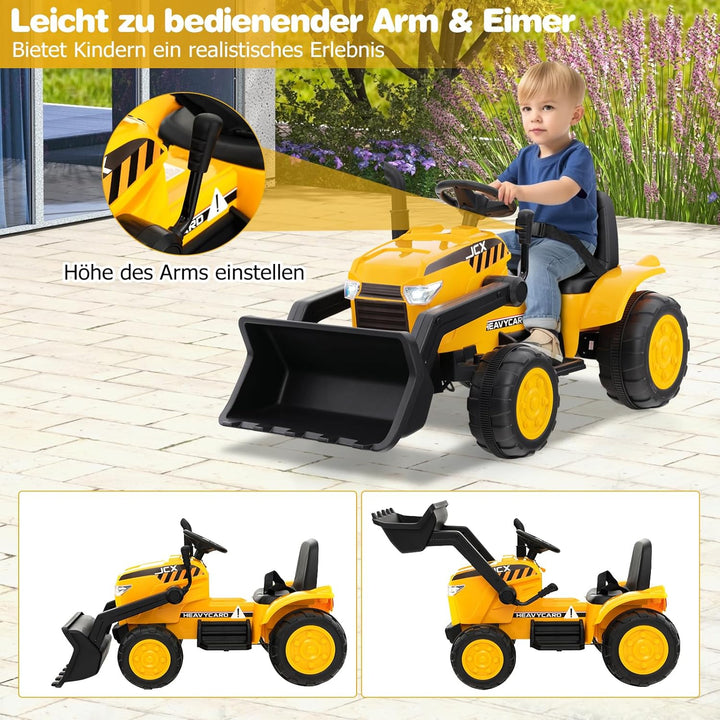 DREAMADE Elektro Sitzbagger mit Verstellbarer Grabschaufel, Bagger zum draufsitzen mit Fernbedienung