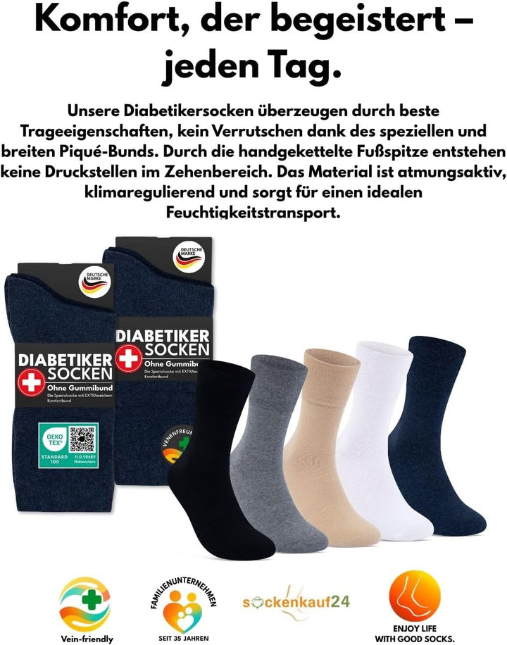 Diabetikersocken ohne Gummi &amp; ohne Naht 97% Baumwolle (6 Paar) Diabetiker Socken mit Komfortbund für