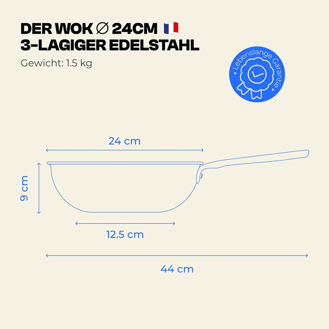 Atma - Wok Edelstahl 24 cm - 3-lagig - mit Deckel - PFAS- &amp; PTFE-frei | Genieteter Griff - Edelstahl