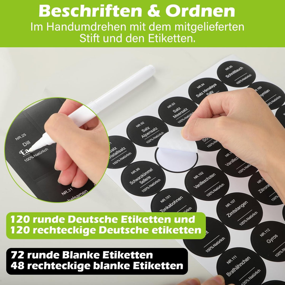 24er Set Gewürzgläser Eckig mit Streueinsatz - mit 324 Deutsch Wasserfeste Label - 120ml Luftdichte
