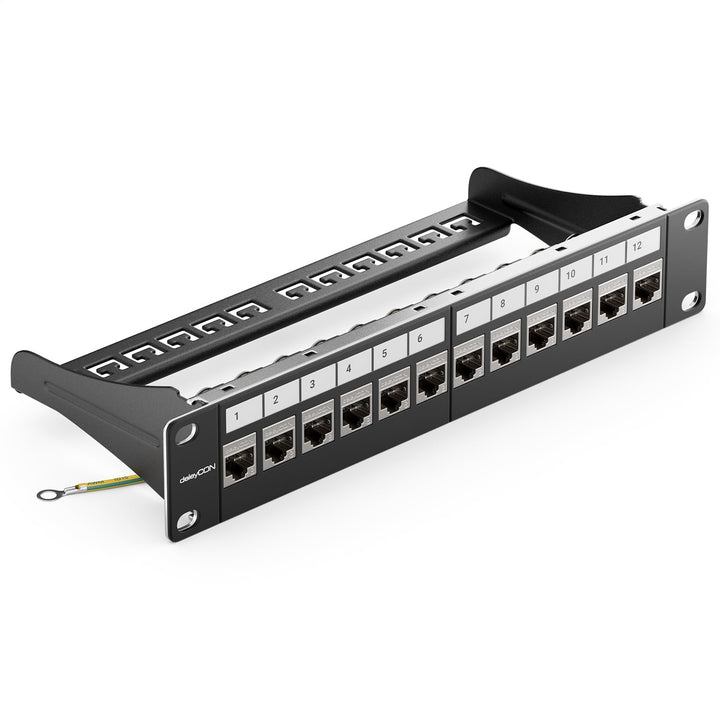 deleyCON 12 Port CAT 8 Patchpanel Set Verteilerfeld Patchfeld 10" Zoll 1 HE + 12x RJ45 Keystone Jack