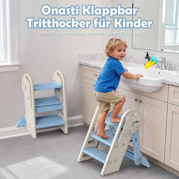 Onasti Tritthocker Kinder, Höhenverstellbar 3 Stufen Hocker Kinder, Trittschemel für Baby mit Handha