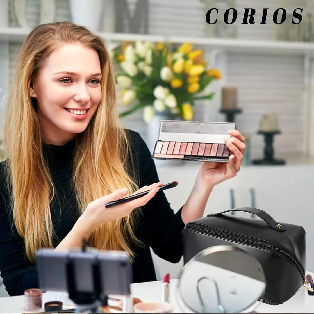 CORIOS Grosse Kapazität Kosmetiktasche Wasserdicht Kulturtasche Leder Schminktasche Multifunktions K