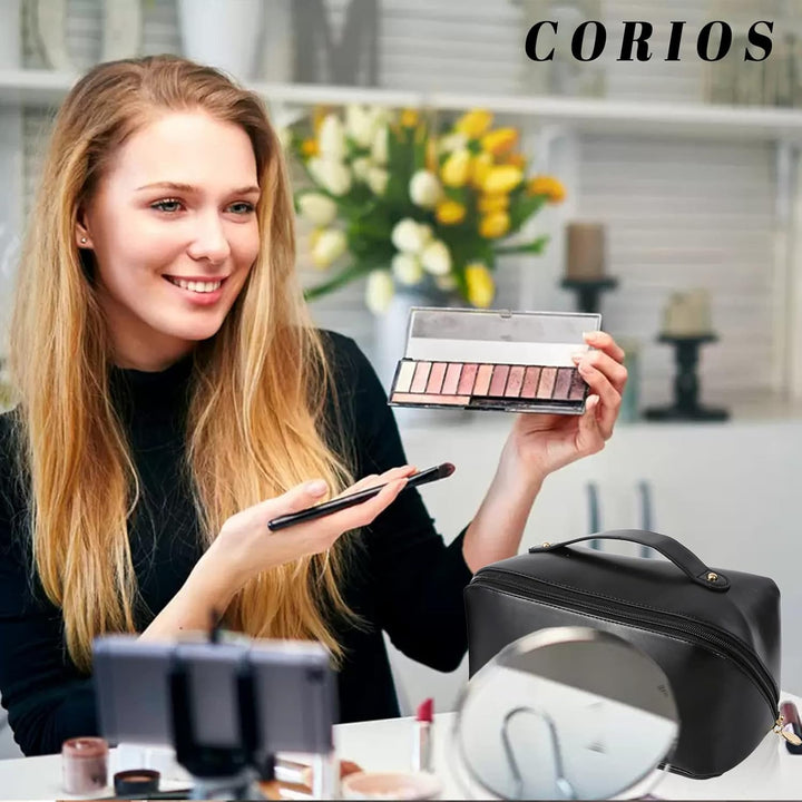 CORIOS Grosse Kapazität Kosmetiktasche Wasserdicht Kulturtasche Leder Schminktasche Multifunktions K
