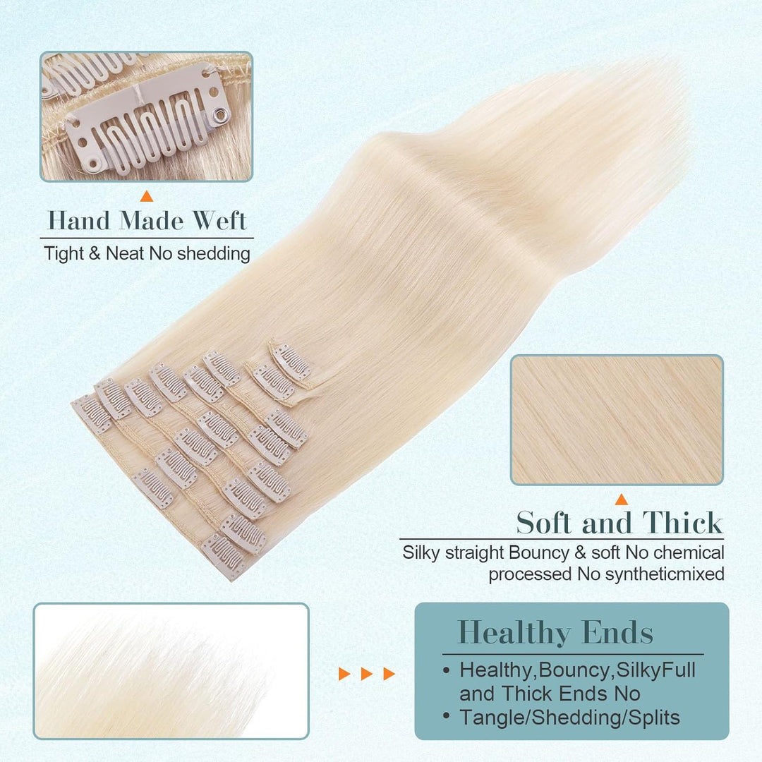 Benehair Clip in Extensions Echthaar, 8 Stück 100% Echtes Haar Extension 70g, Platinblond Haarverlän