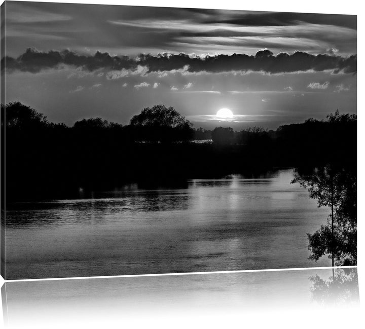 Pixxprint Monocrome, romantischer Sonnenuntergang über Fluss, Format: 100x70 auf Leinwand, XXL riesi