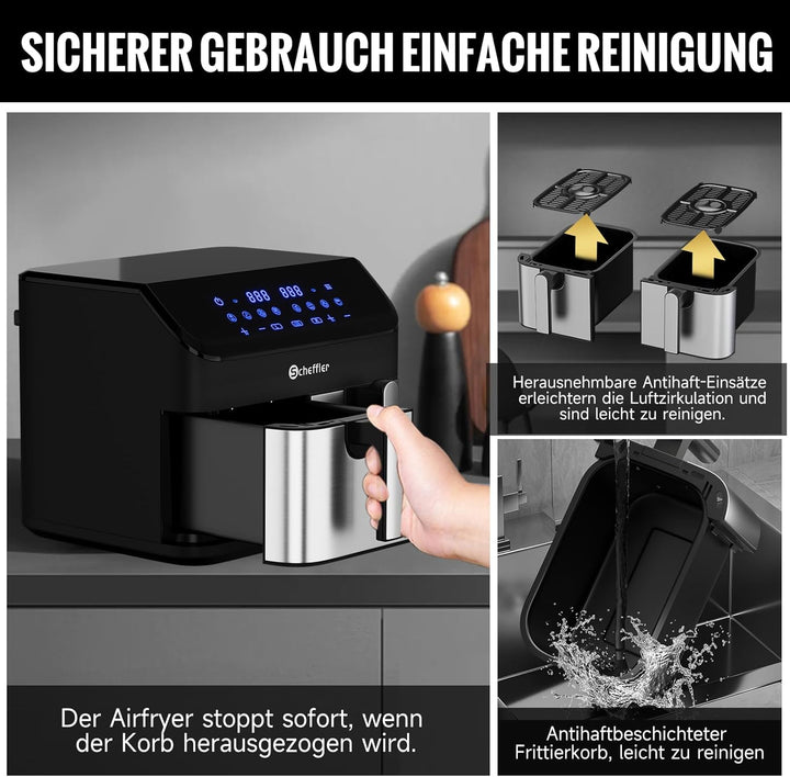 Scheffler Heissluftfritteuse 2 kammern 9L (2x4.5L), 2000W Airfryer mit 2 Fächer, Doppelkammerh, Dual