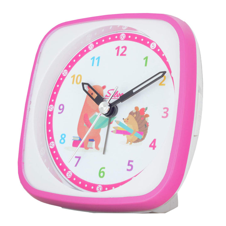 SELVA Quarzwecker für die Einschulung mit Igel und Bär Motiv pink/Weiss. Schleichende Sekunde lautlo
