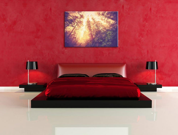 Pixxprint Blick in die Baumwipfel Pinsel Effekt, Format: 100x70 auf Leinwand, 100x70